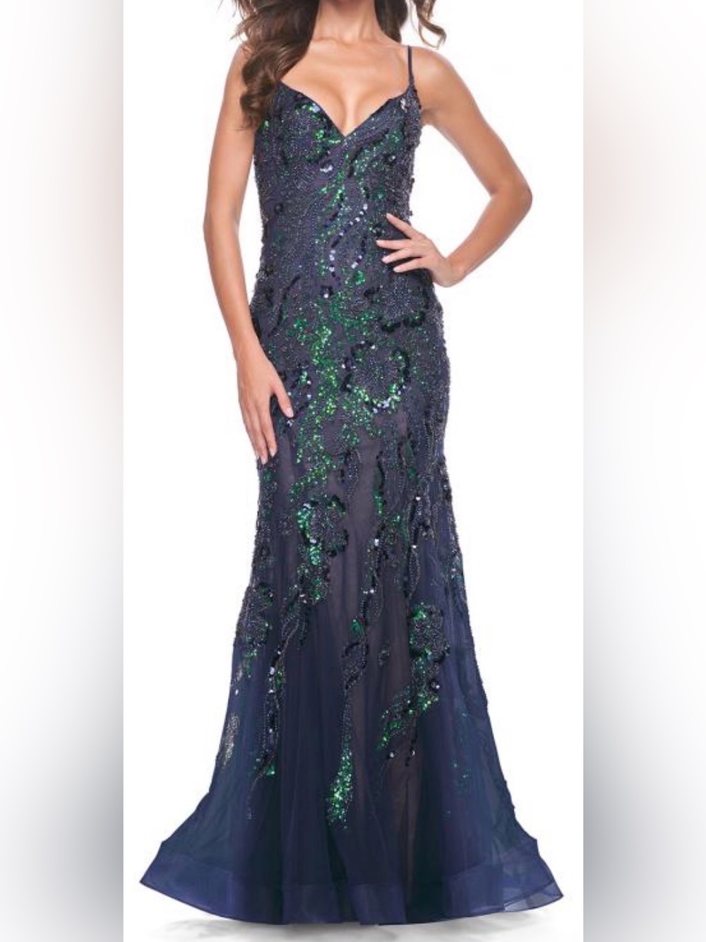 La Femme Navy Gown with Green Sequin Detail
